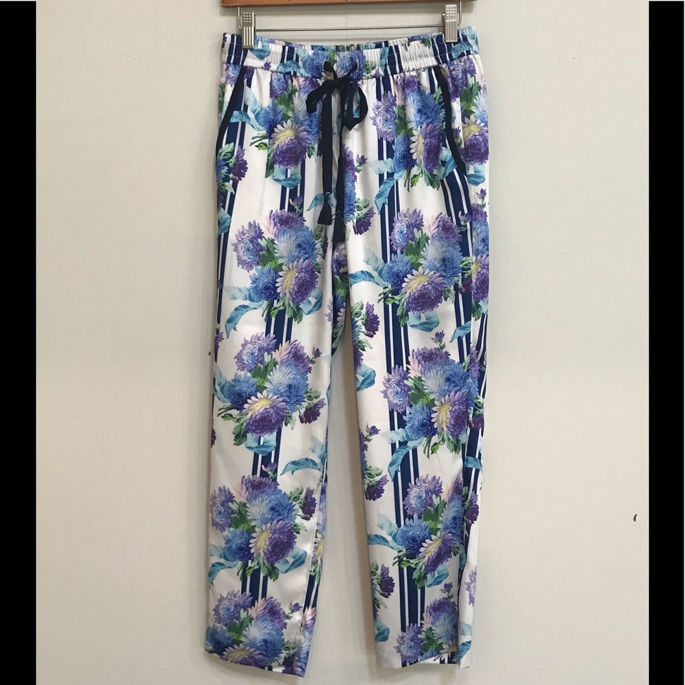 J. Crew White Floral Drawstring Pants with Blue & Purple Print - Picture 2 of 9